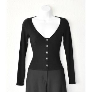 Auth REFORMATION Black Ribbed Knit Deep V Neck Cropped Cardigan Sweater Sz S